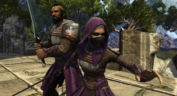 Warrior and ninja characters on a fantasy bridge setting.