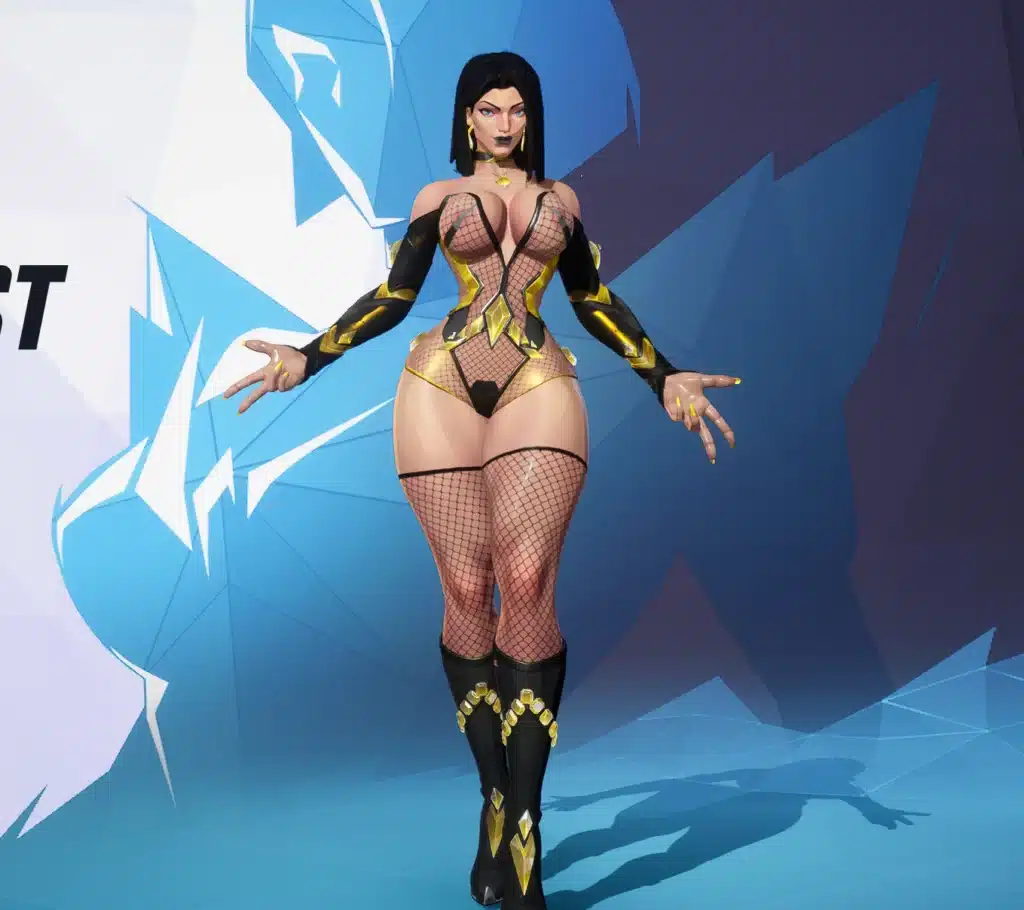 Full-body view of Emma Frost in black gold modded outfit with fishnets