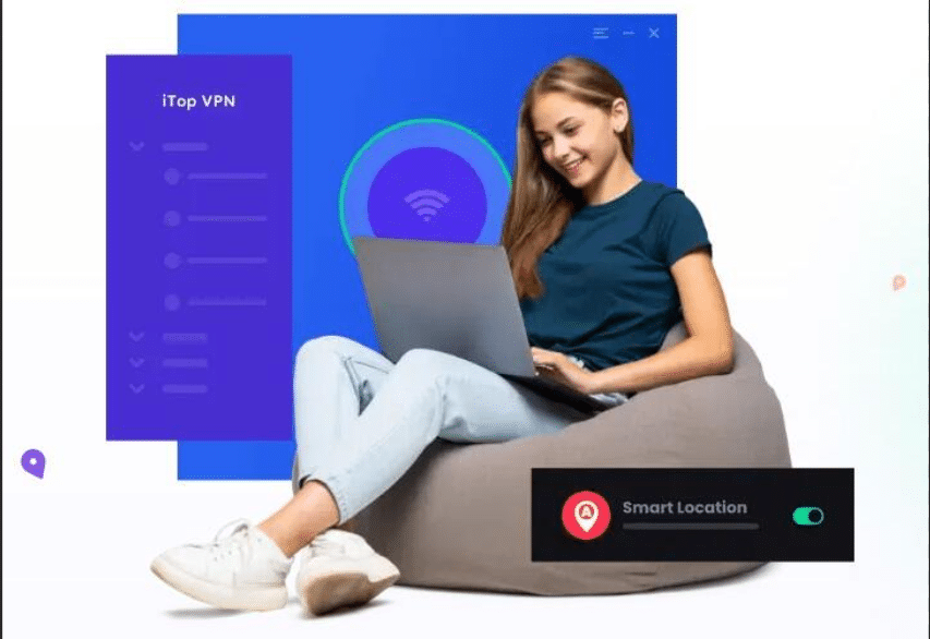 A young woman comfortably browsing the internet while using iTop VPN on her laptop. The interface displays smart location features, ensuring secure and optimized browsing. Perfect for privacy-conscious users who want seamless protection in any location.