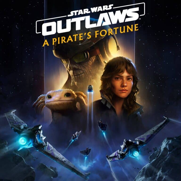 Key art for Star Wars Outlaws: A Pirate's Fortune featuring Hondo Ohnaka, Kay Vess, and a mysterious alien companion. Starfighters and blaster fire light up the galaxy in this epic expansion.